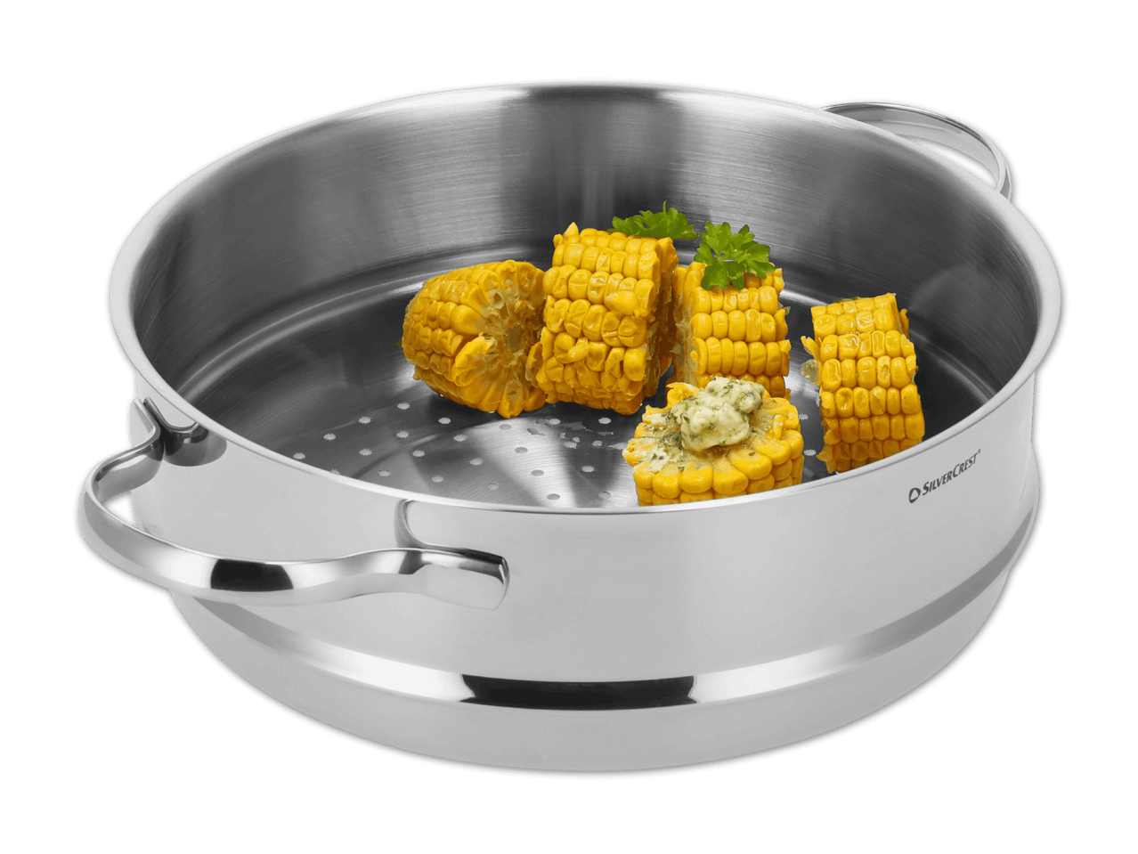 Maiskolbenstücke mit Kräuterbutter in einem Dampfgarer aus Edelstahl.