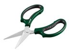 Green and black garden shears with stainless steel blades, open and ready for use.