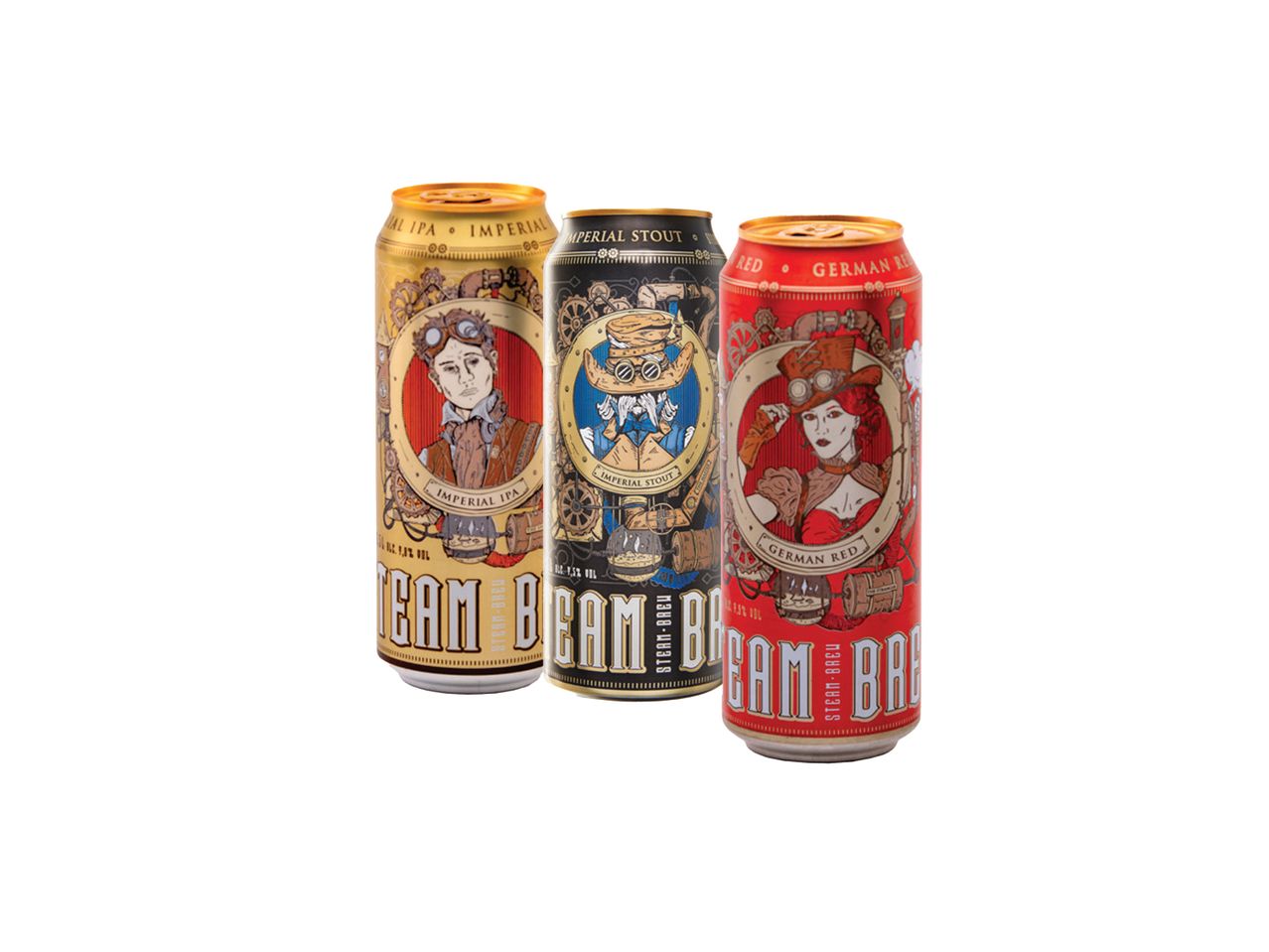 Tri limenke piva Steam Brew: Imperial IPA, Imperial Stout i German Red.