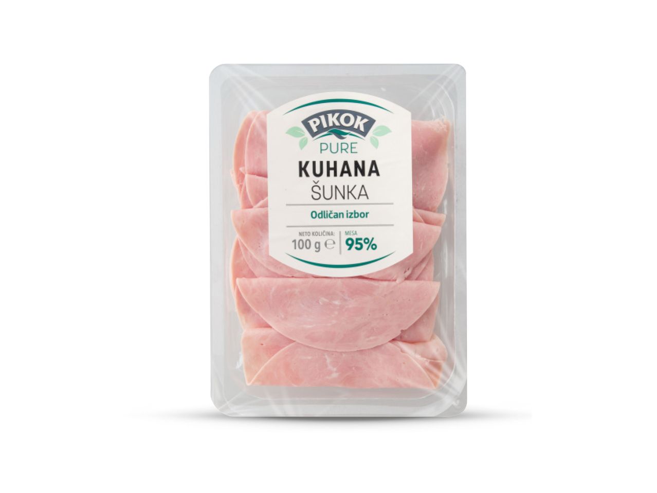 Pakiranje narezane kuhane šunke marke Pikok Pure, neto težine 100g i 95% mesa.