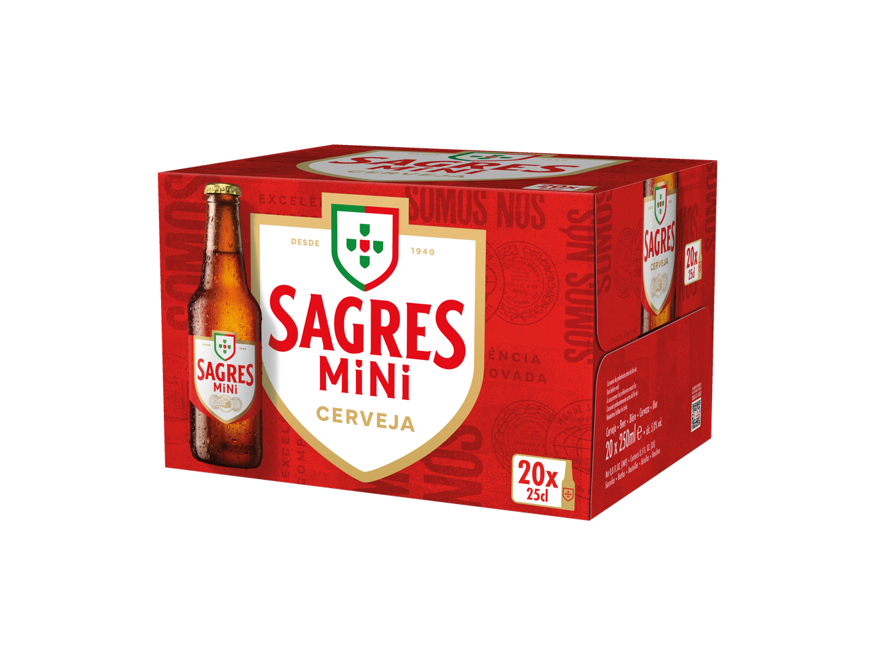 Um pack de 20 garrafas de cerveja Sagres Mini numa caixa vermelha.
