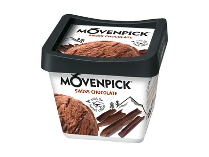 Un pot de glace au chocolat suisse Mövenpick.