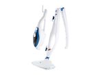 A white and blue handheld steam cleaner with detachable attachments.