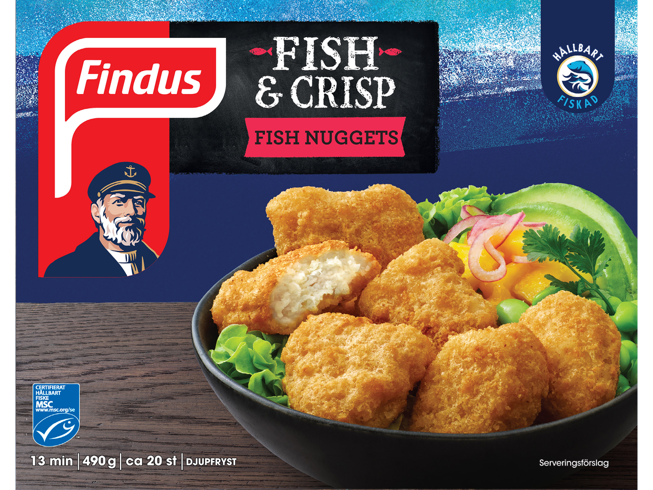 Findus Fish & Crisp fiskbitar med sallad och avokado.