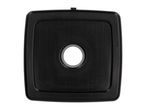 Black square plastic sink with a circular drain hole in the center