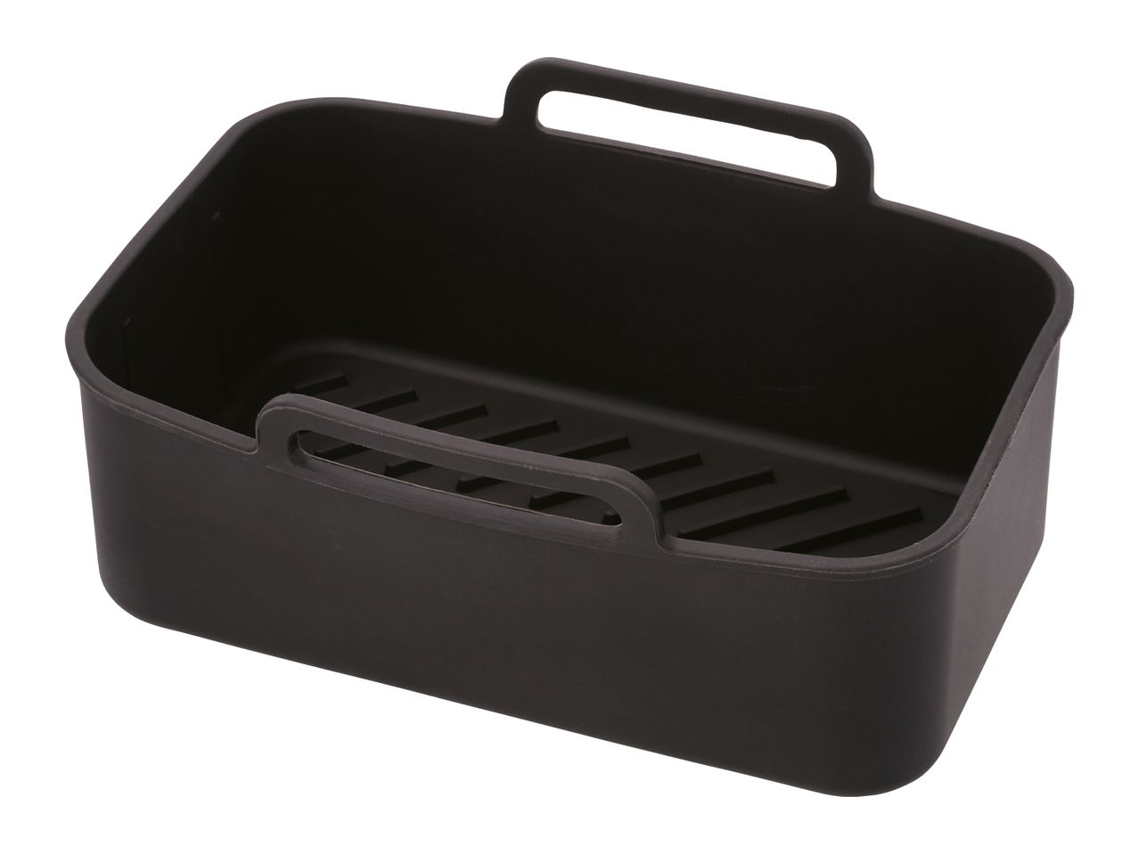 Black rectangular silicone air fryer basket with handles and a ridged bottom.
