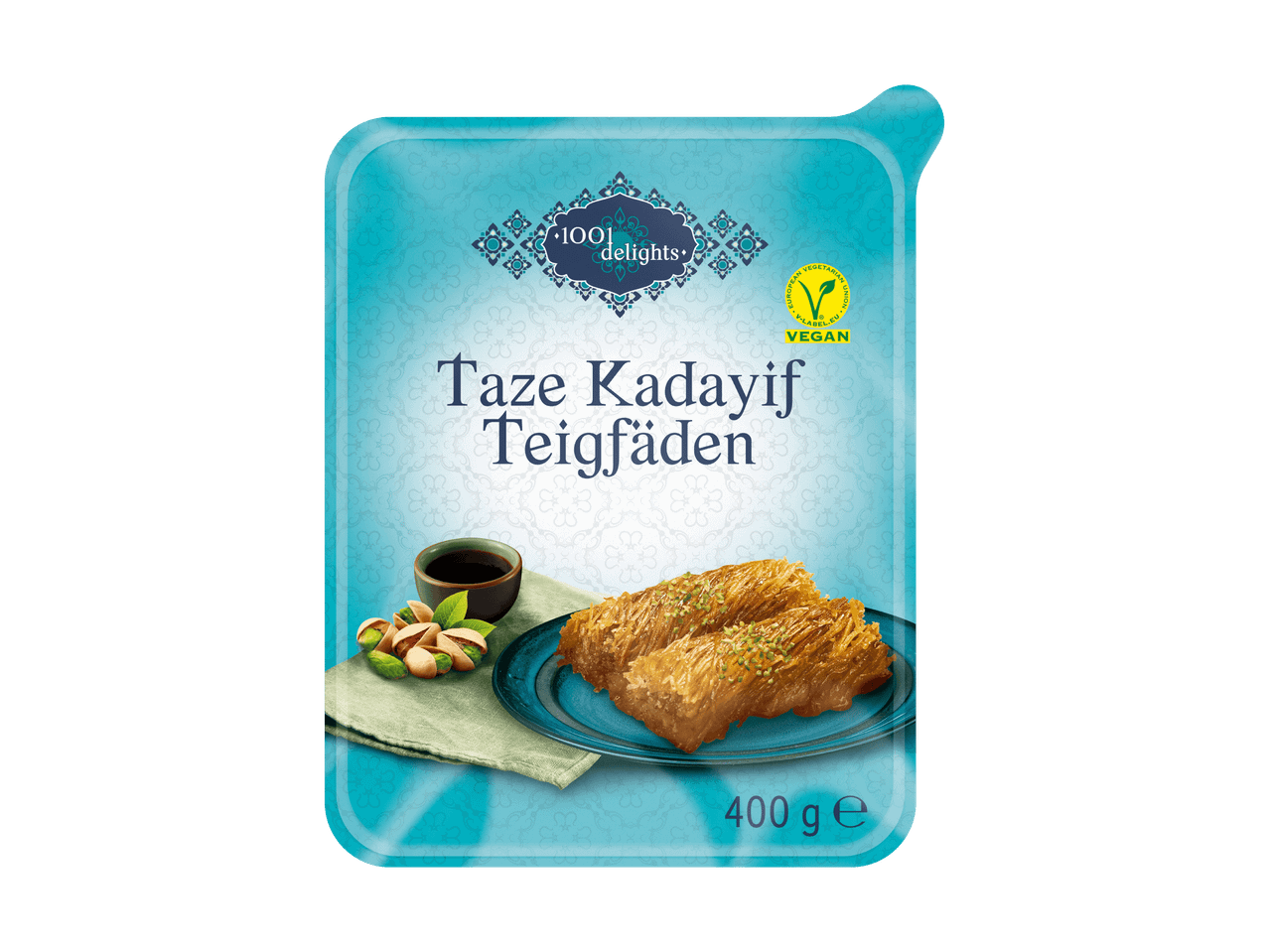 1001 Delights vegane Taze Kadayıf Teigfäden (400g) in blauer Verpackung.