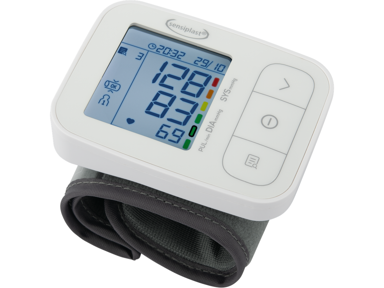 Riešinis kraujospūdžio matuoklis rodo 128/83 ir pulsą 69, su laiku ir data.