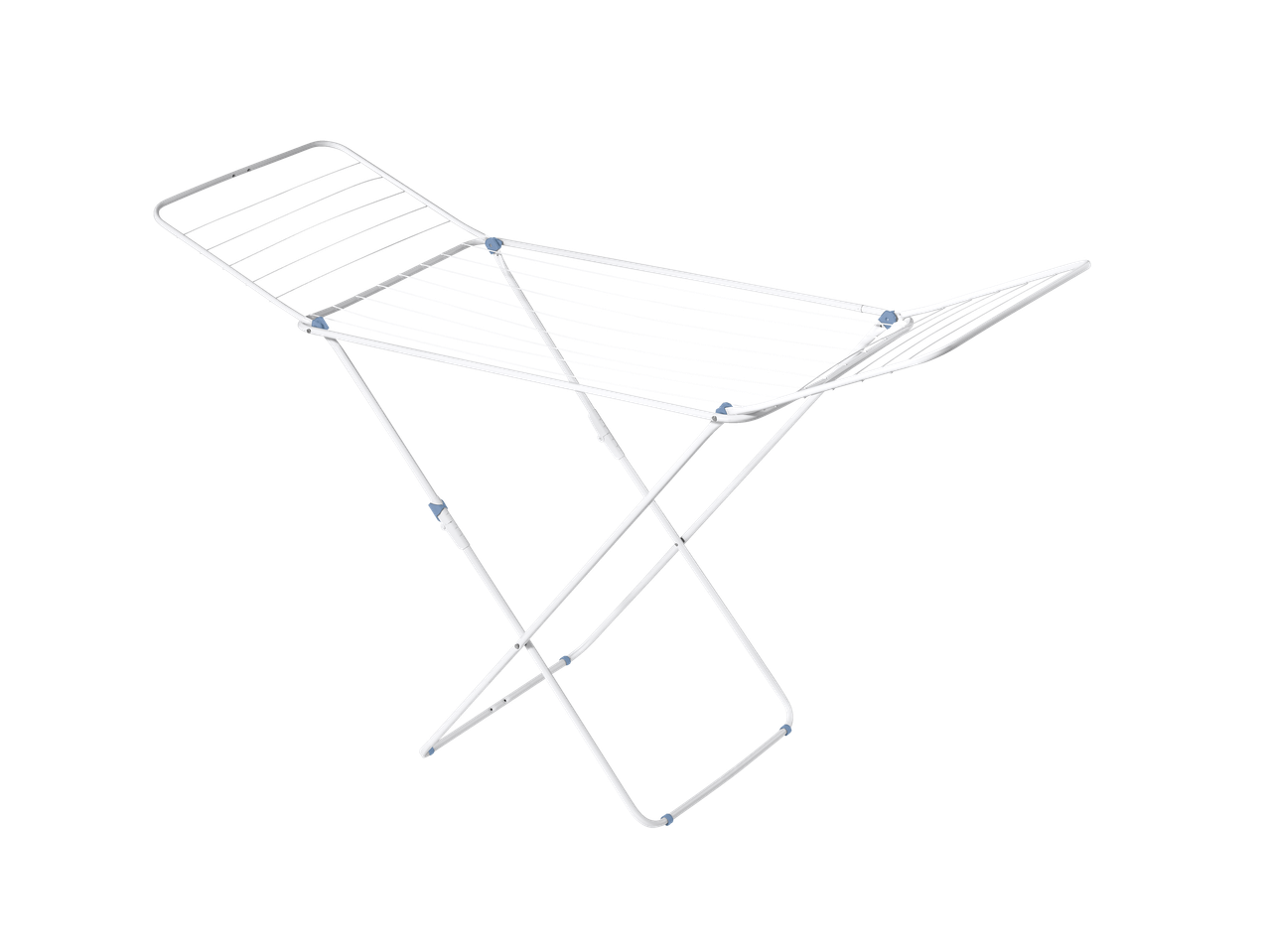 Ein weißer, zusammenklappbarer Wäscheständer ist vor schwarzem Hintergrund abgebildet.