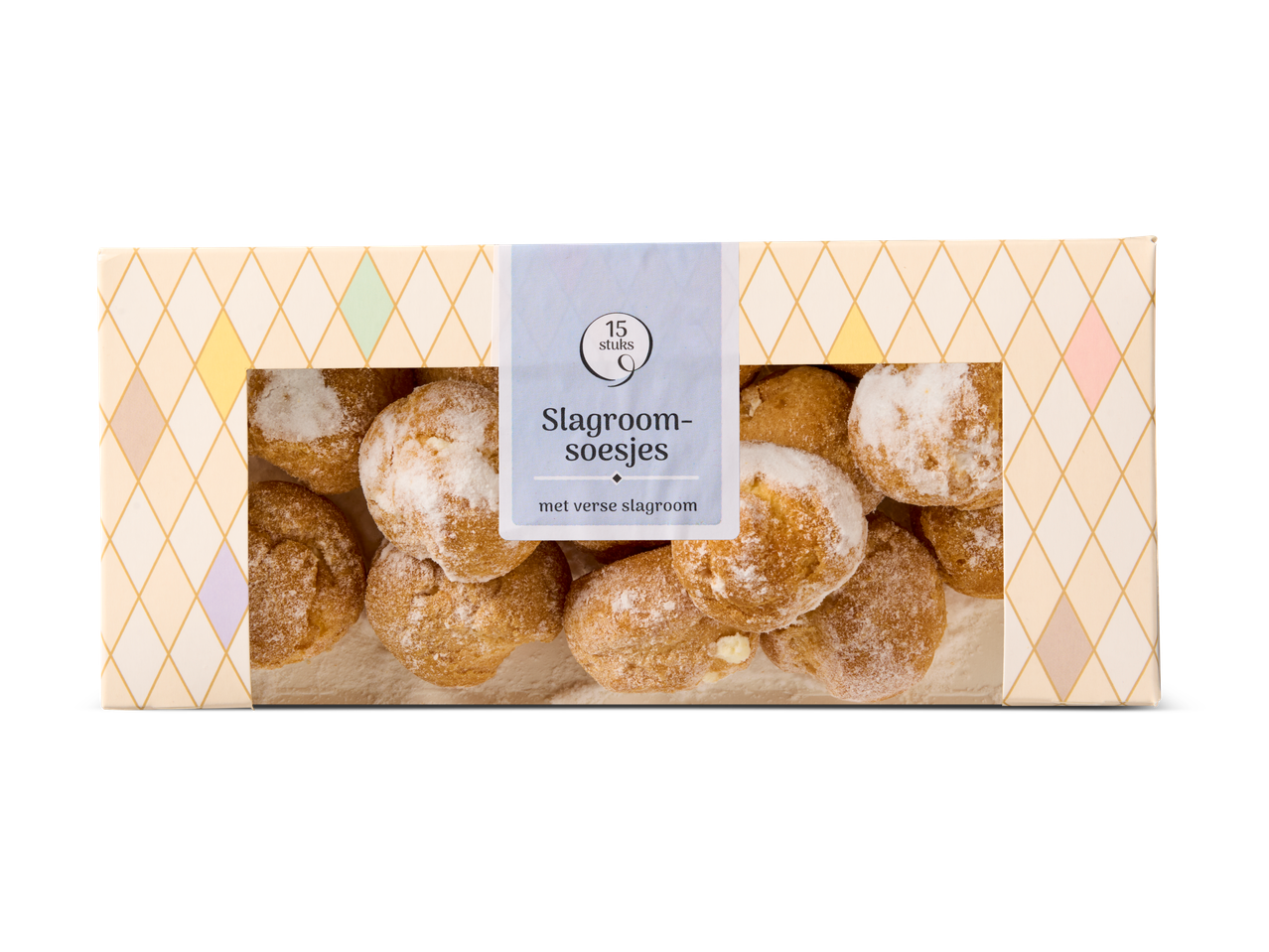 Een doos met 15 Stuks slagroom soesjes, bestoven met poedersuiker.