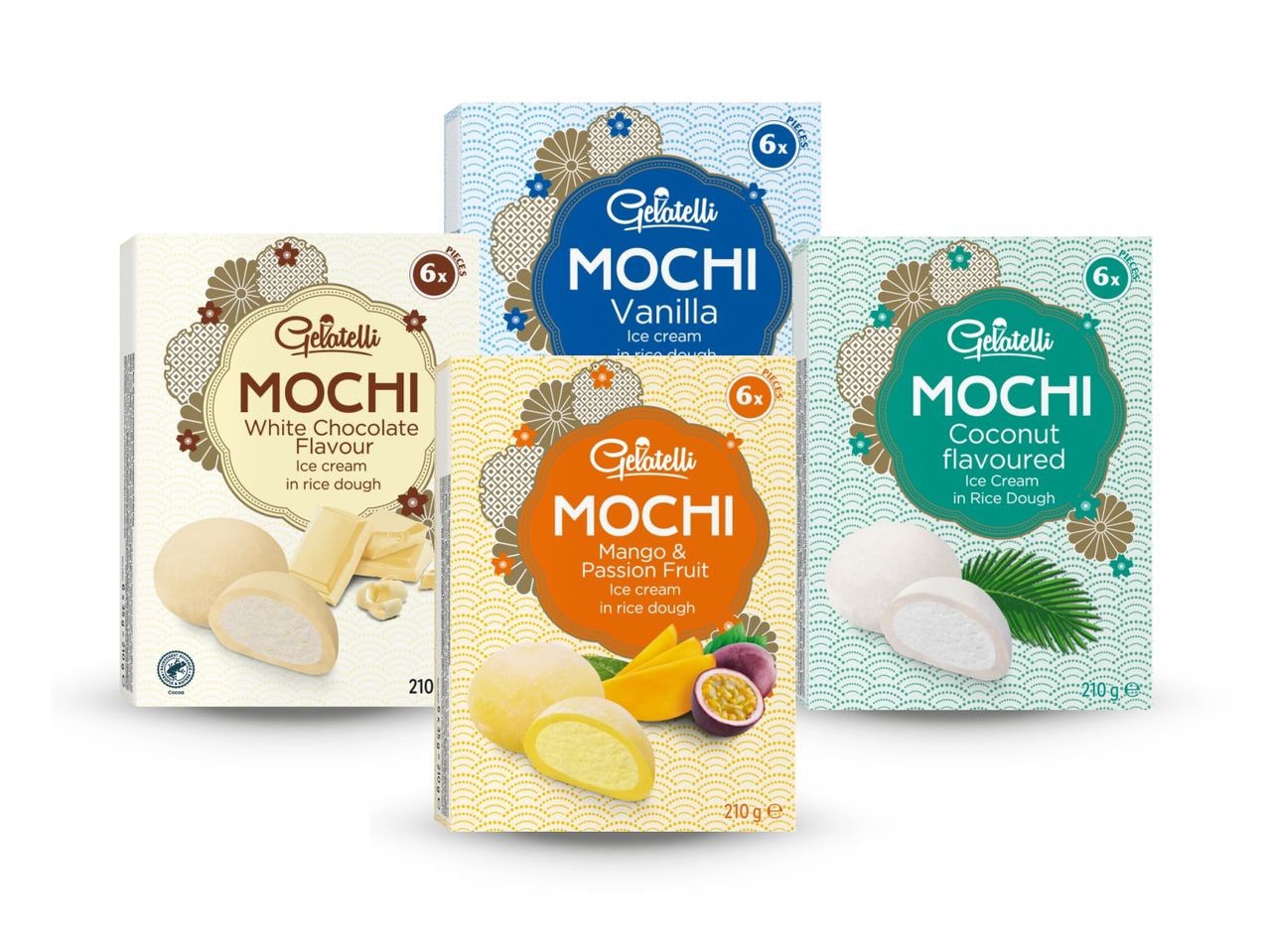 Četiri okusa Oh! Mochi sladoleda prikazana su u pakiranjima.