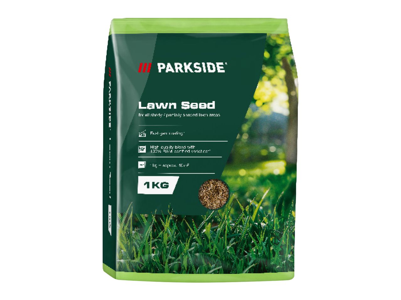 A bag of lawn seed for shady/partially shaded lawn areas, 1kg, with a picture of grass.