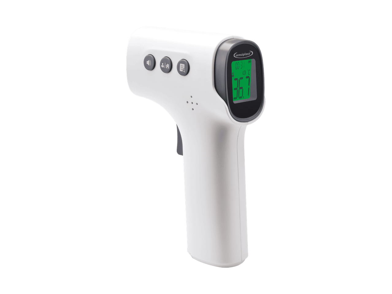 Weißes Infrarot-Stirnthermometer mit Digitalanzeige, die 36,7 Grad Celsius anzeigt.
