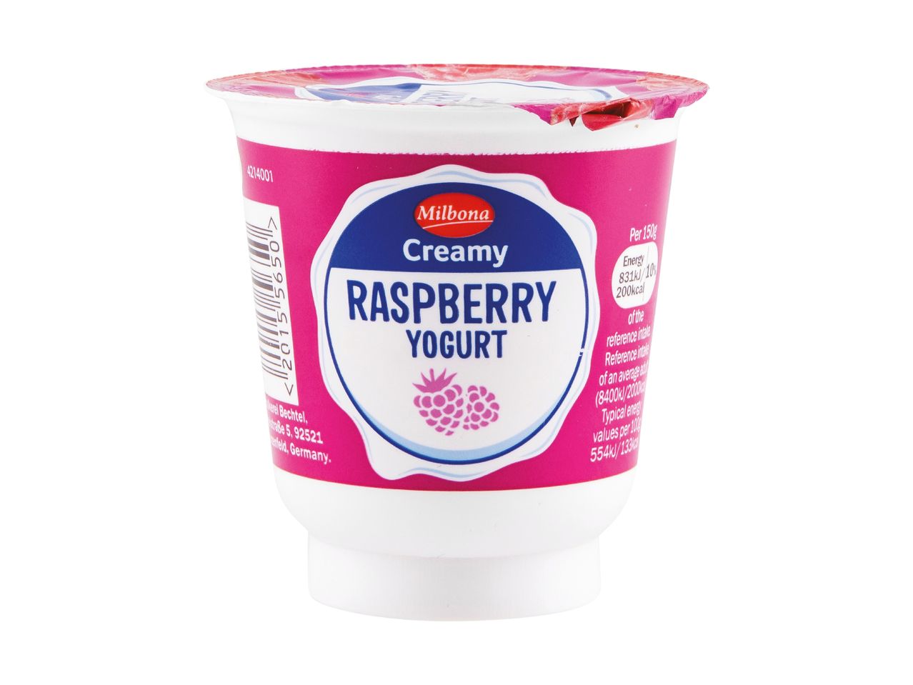Creamy raspberry yogurt cup with nutritional information.