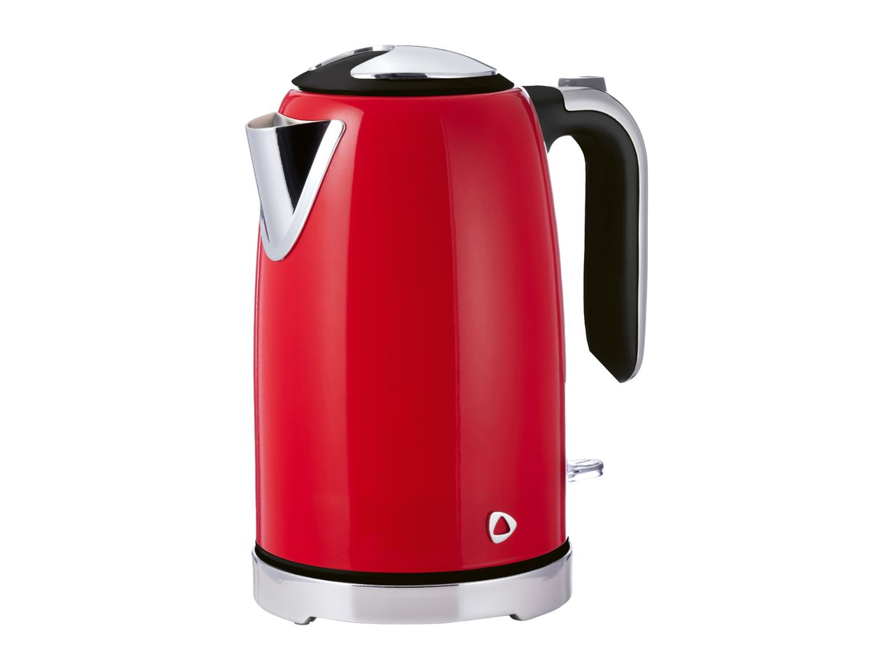 Red electric kettle with chrome details and a black handle