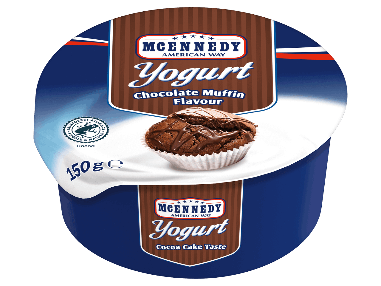 Csokoládés muffin ízű joghurt kék-barna pohárban.
