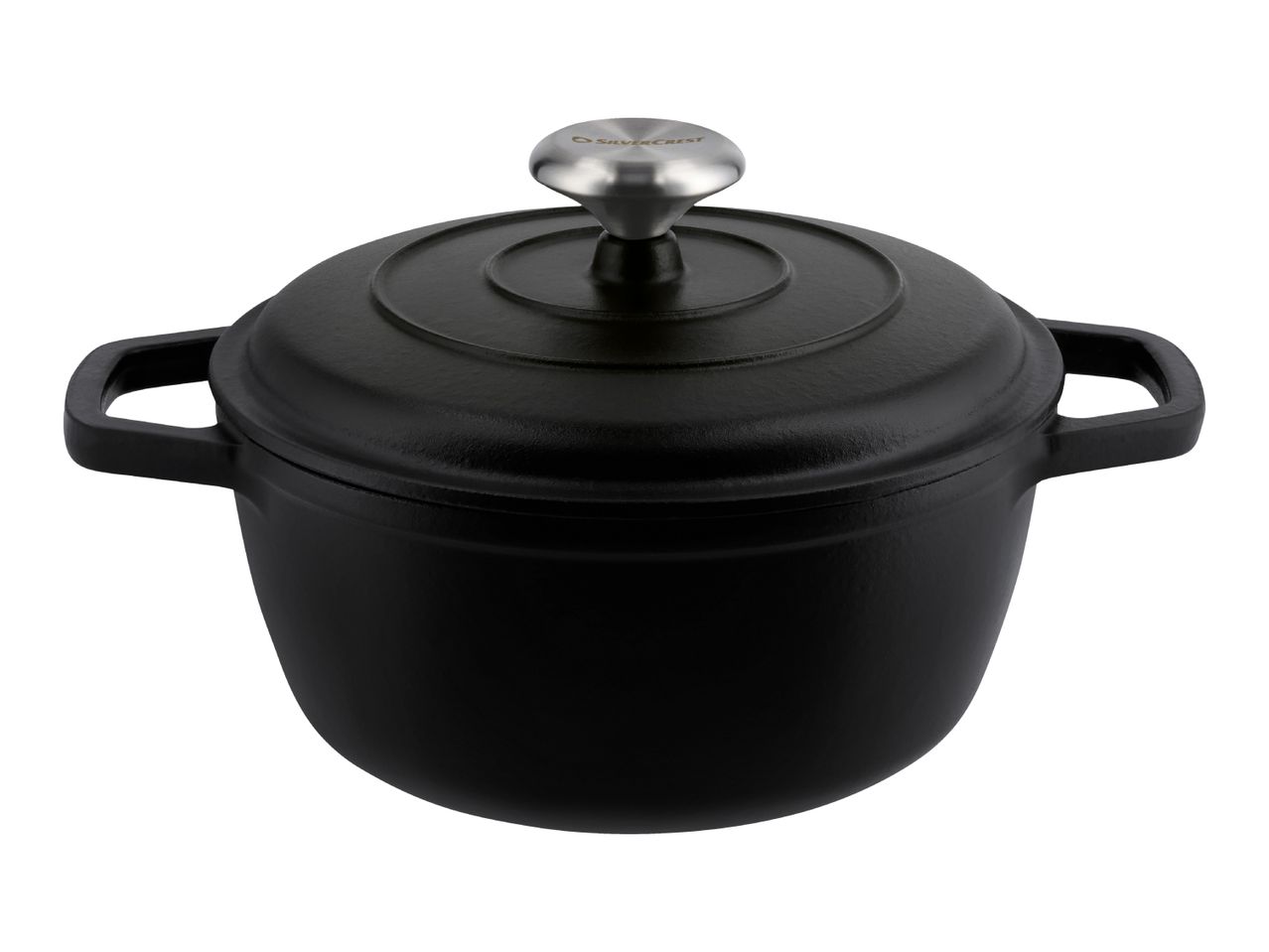 Black cast iron casserole dish with a silver knob on the lid