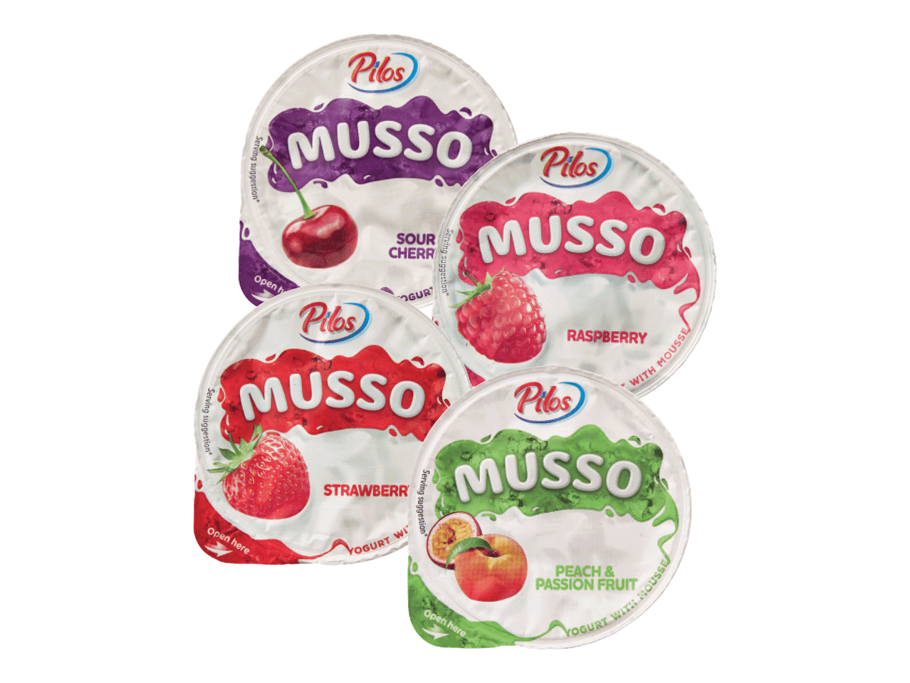 Četri Pilos Musso jogurti ar putām: skābie ķirši, avenes, zemenes, persiki un marakuja.