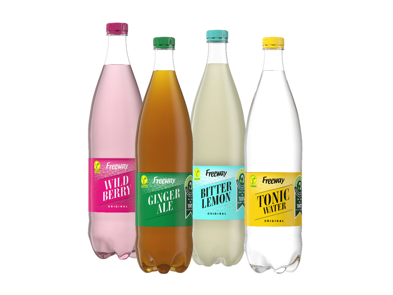 Freeway bottles: Wild Berry, Ginger Ale, Bitter Lemon, and Tonic Water.