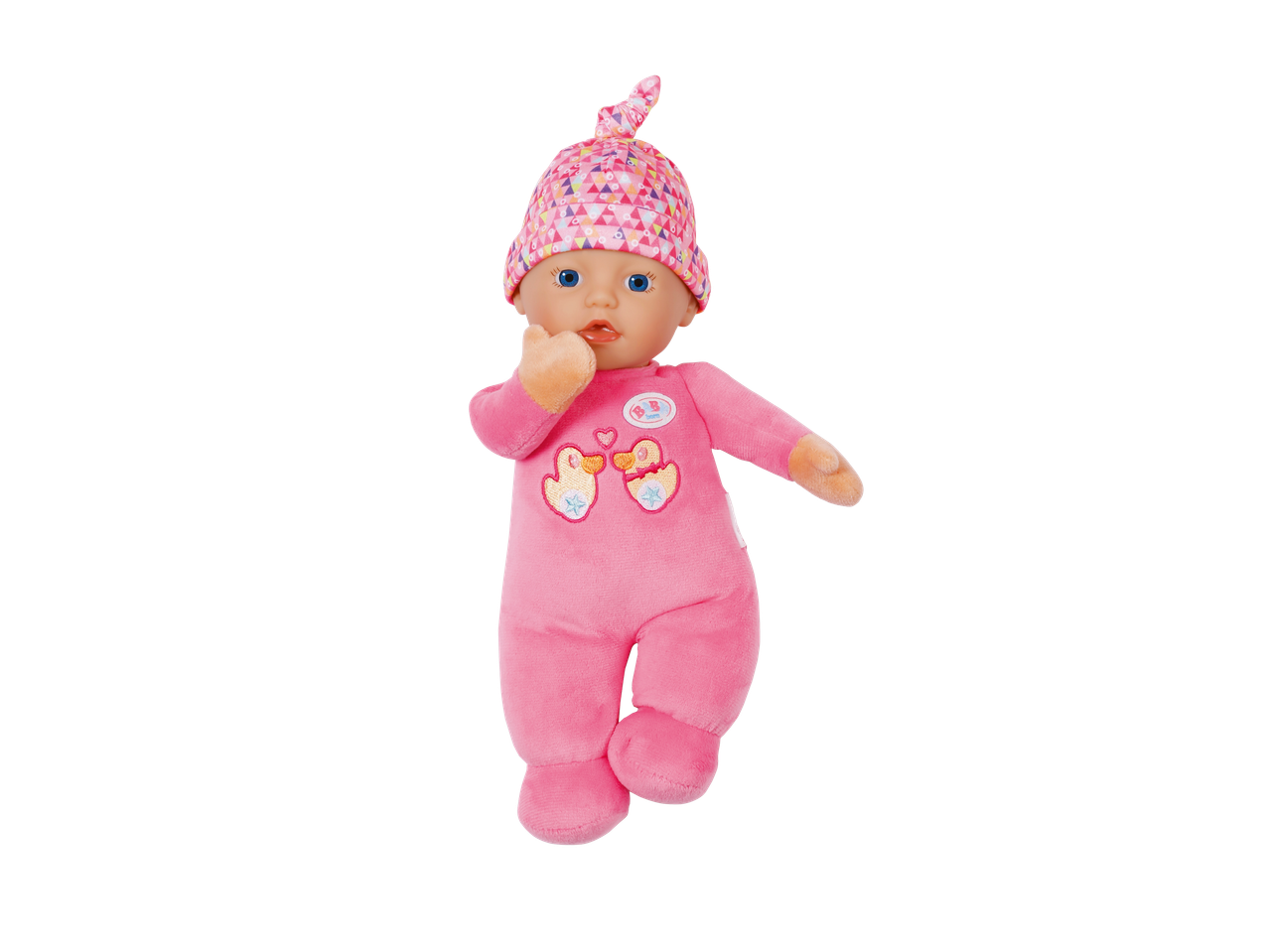 Baby Born lėlė su rožine pižama ir raštuota kepure.