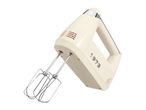 Cream retro hand mixer with 1973 embossed on the side and beaters attached.