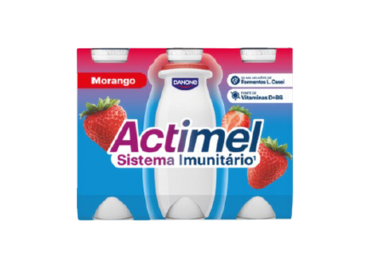 Embalagem de iogurte líquido de morango com sistema imunitário e vitaminas.