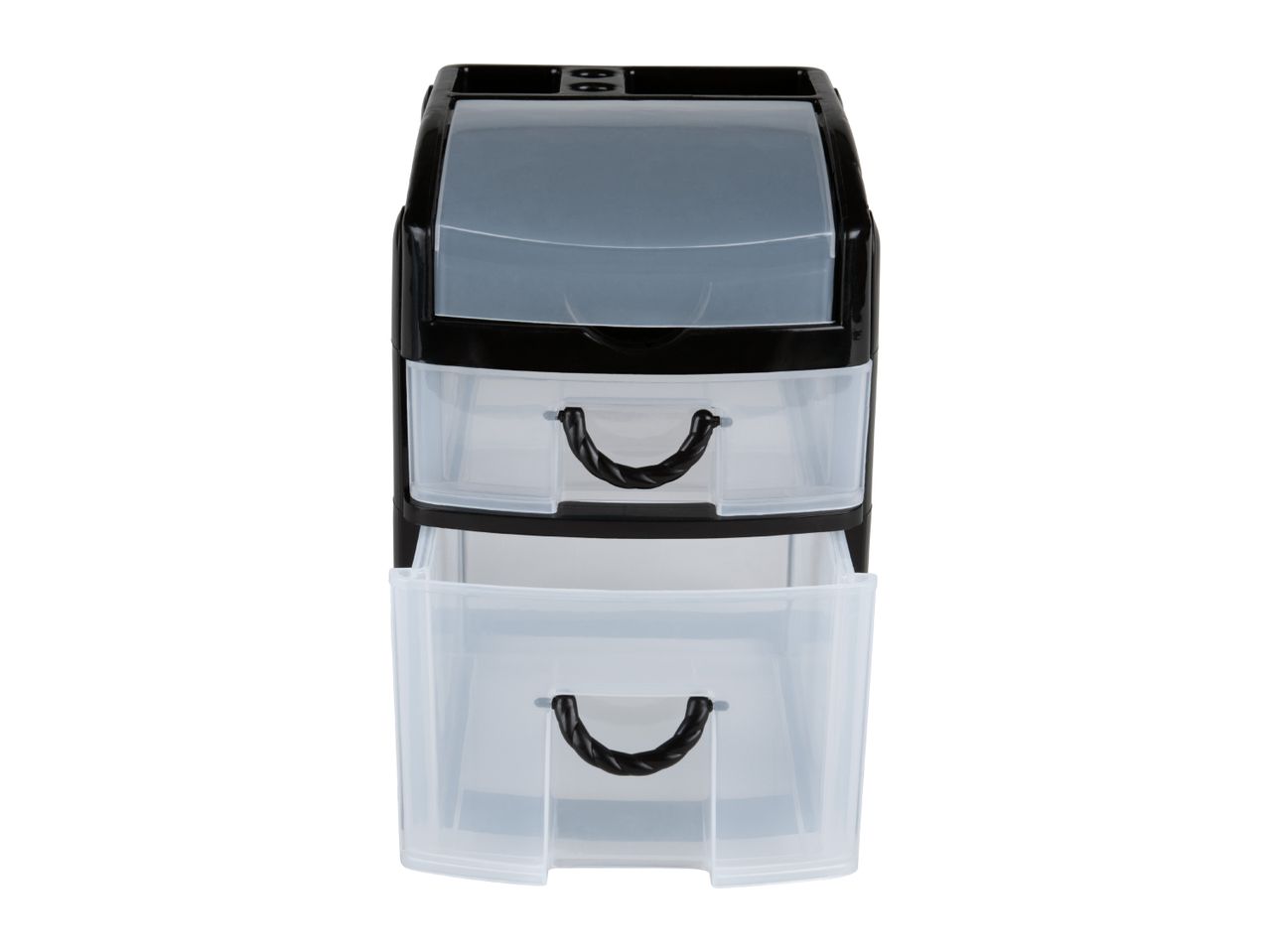 A black and clear plastic two-drawer organizer with rope handles.