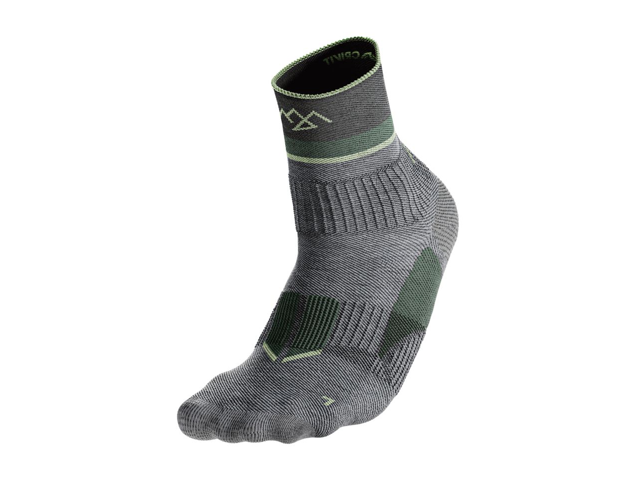 A grey and green running sock with a mountain logo.