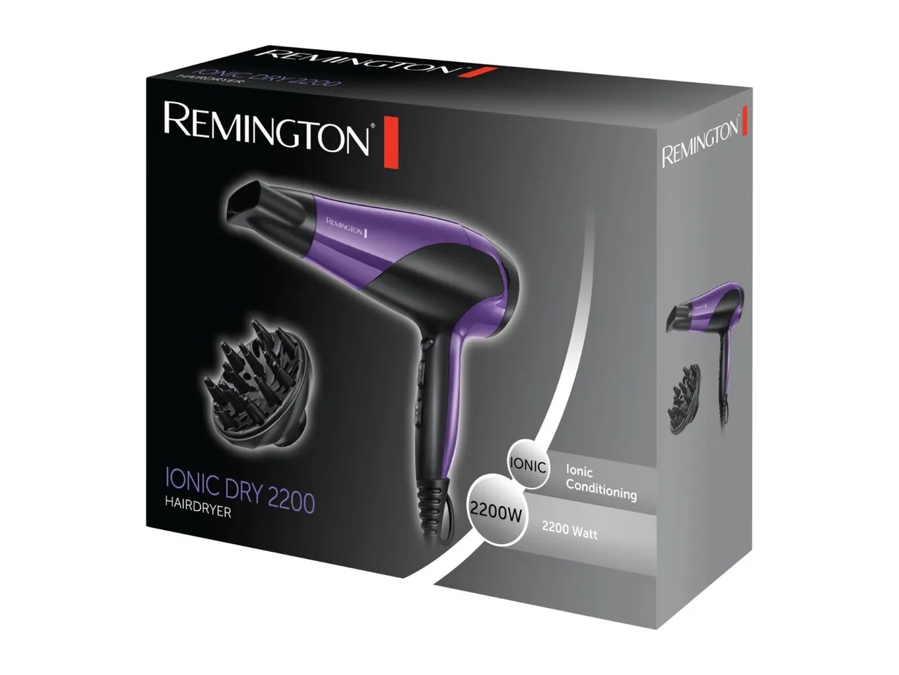 Hairdryer box with a purple hairdryer, diffuser, and text indicating ionic conditioning and 2200 watts.