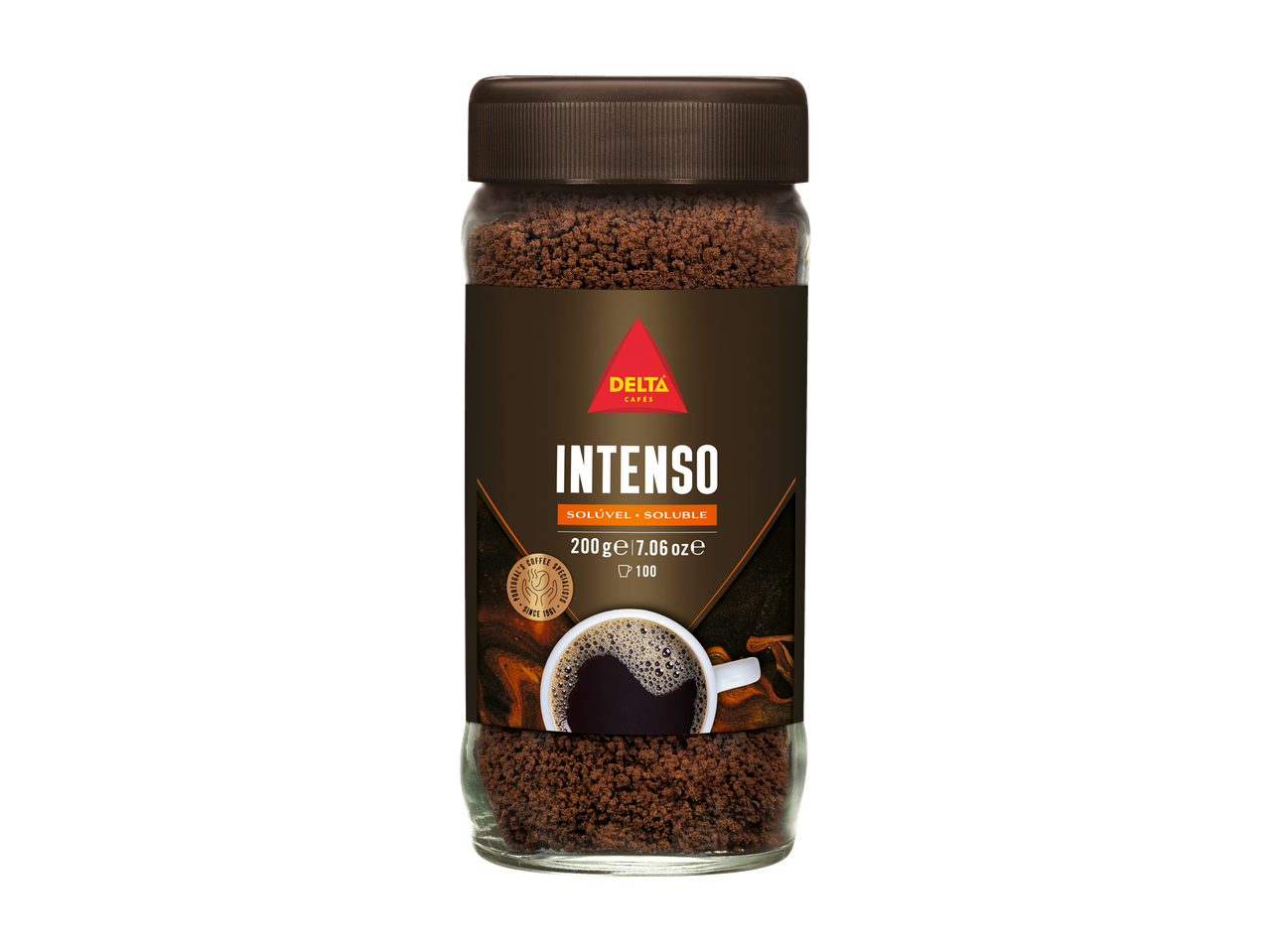 Café Solúvel Intenso DELTA, frasco de 200g com uma chávena de café.