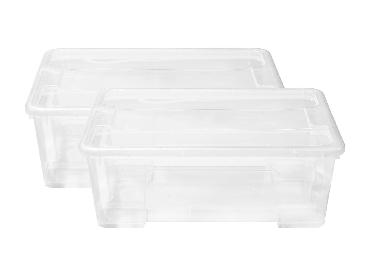 To gennemsigtige opbevaringskasser med låg, den ene bag den anden.