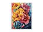 A vibrant cross-stitch pattern featuring a bouquet of yellow, pink, and blue flowers.