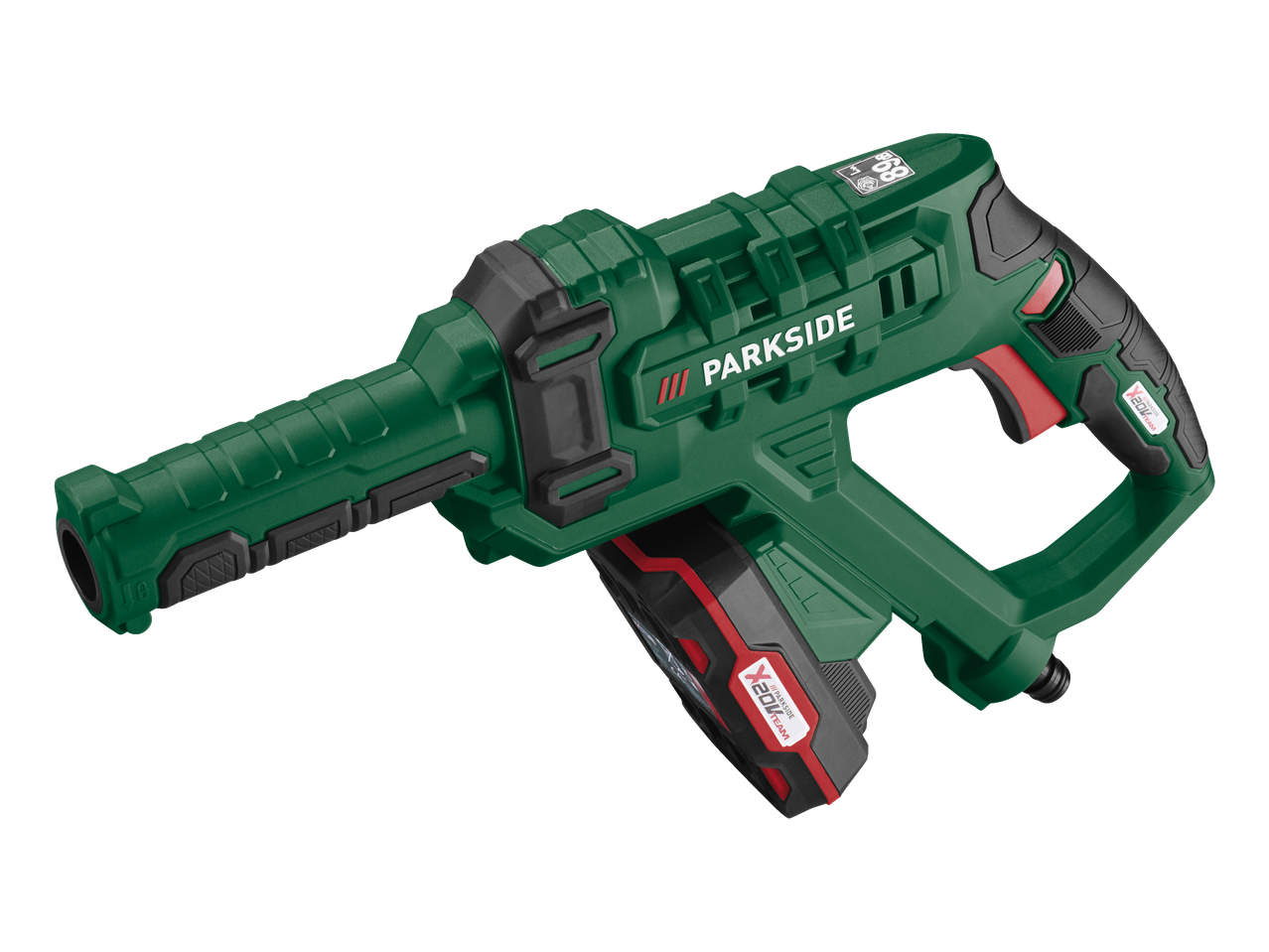 Green cordless pressure washer with a black and red battery pack