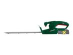Green cordless hedge trimmer with a long blade and a battery pack.