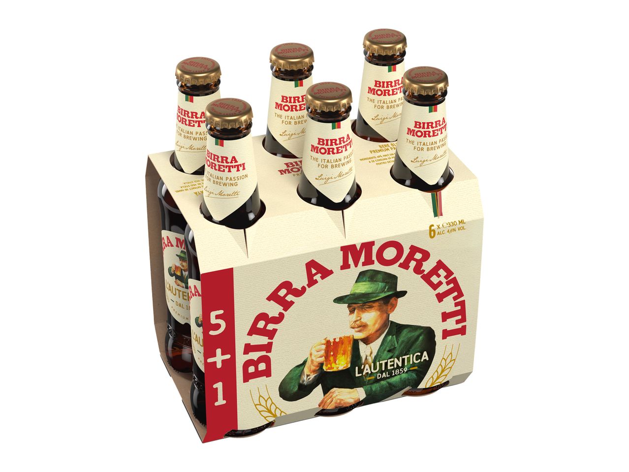 Un pachet de șase sticle de bere Birra Moretti, cu un bărbat cu mustață pe etichetă.