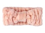 A fluffy pink spa headband with a bow