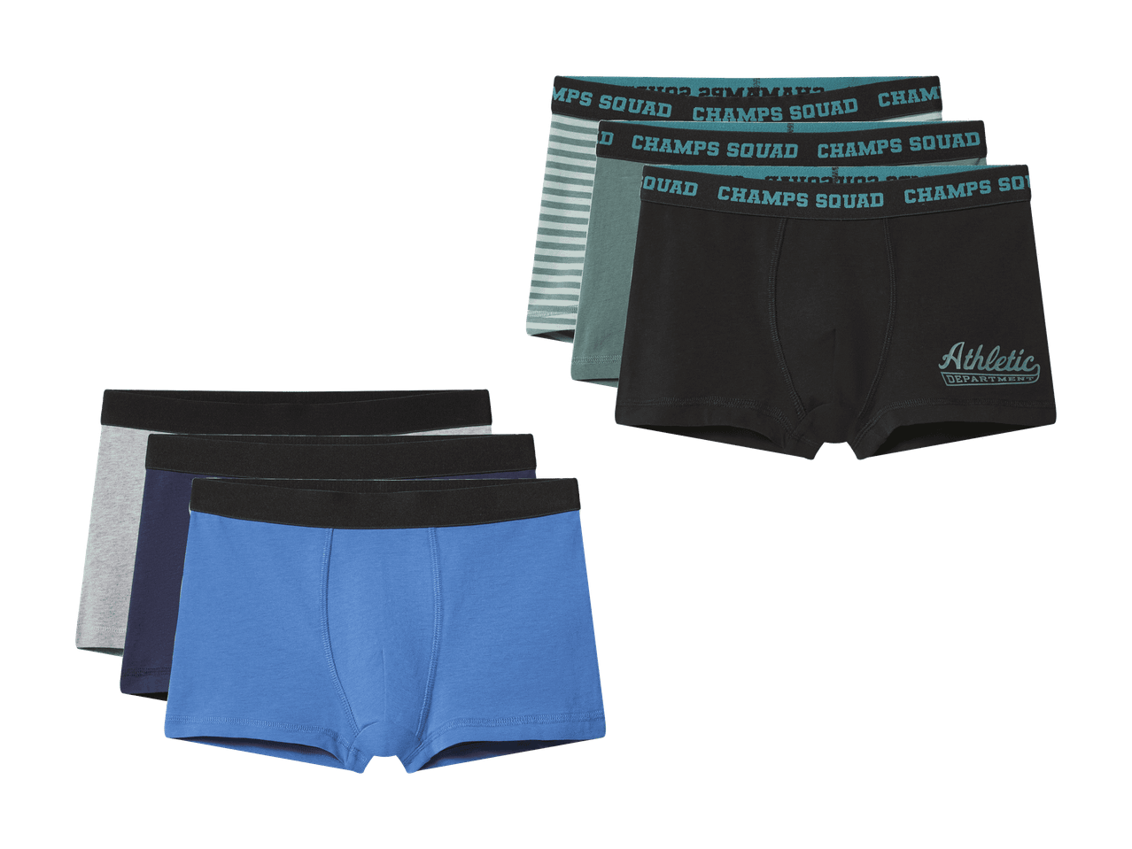 Six boxers pour garçons en noir, bleu, gris et vert, certains rayés, avec lettrage.