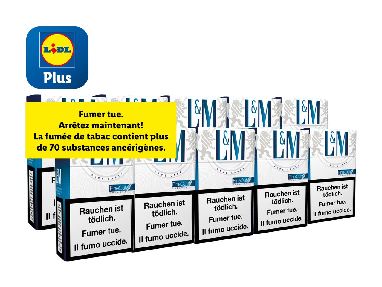 Six paquets de cigarettes LM Blue, promotion Plus.