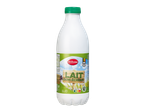 Une bouteille de lait demi-écrémé Milbona avec un bouchon vert et une étiquette représentant une vache.