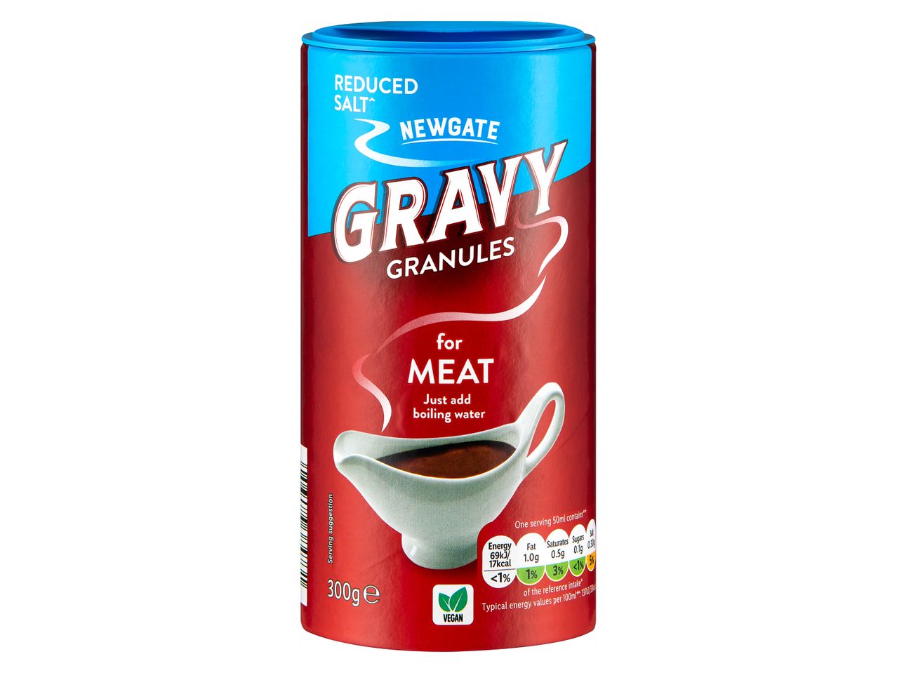 Newgate Reduced Salt Gravy Granules for Meat, 300g, with nutritional information.