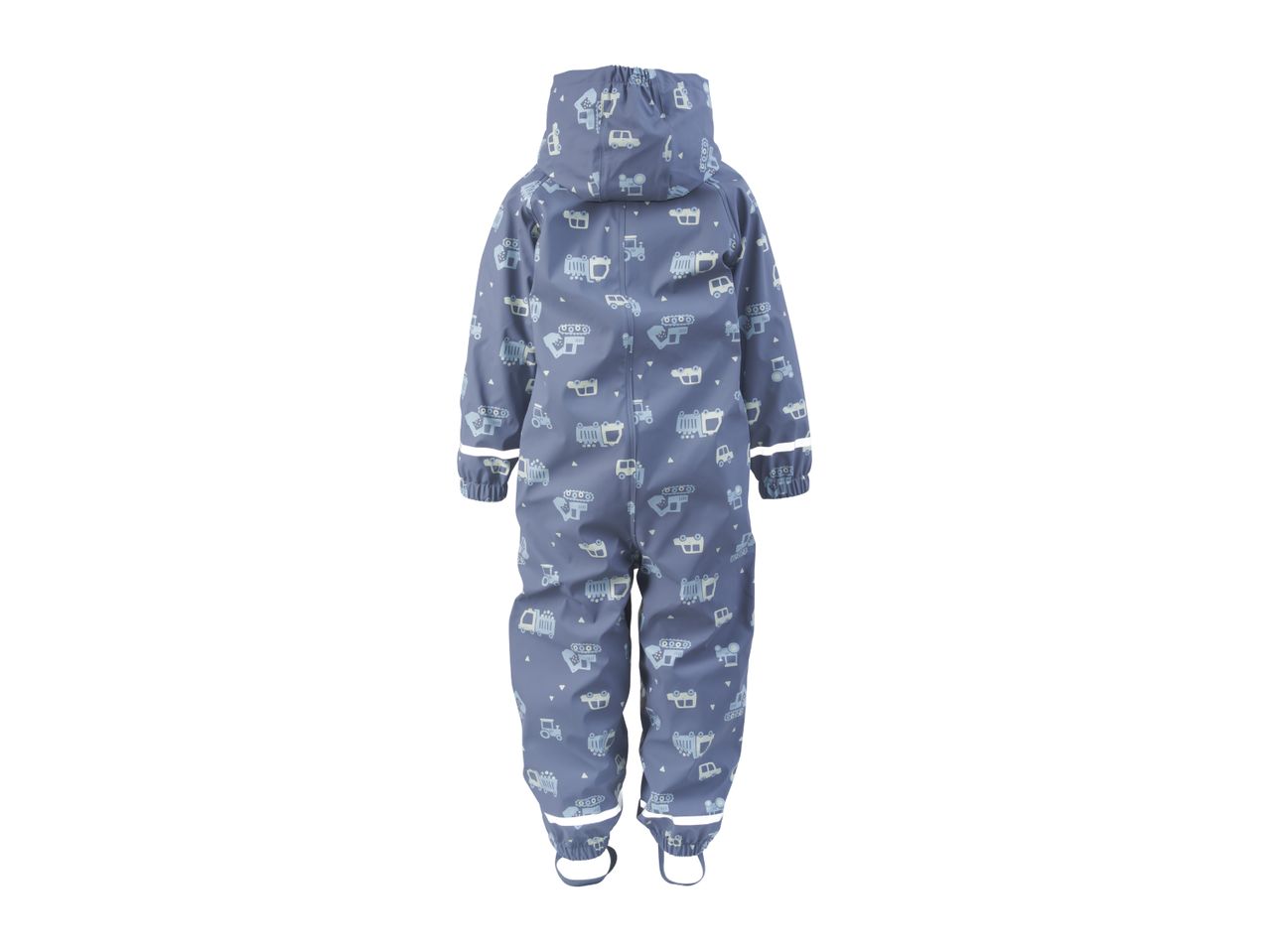 Kids' blue waterproof overall with a playful vehicle pattern and reflective details.