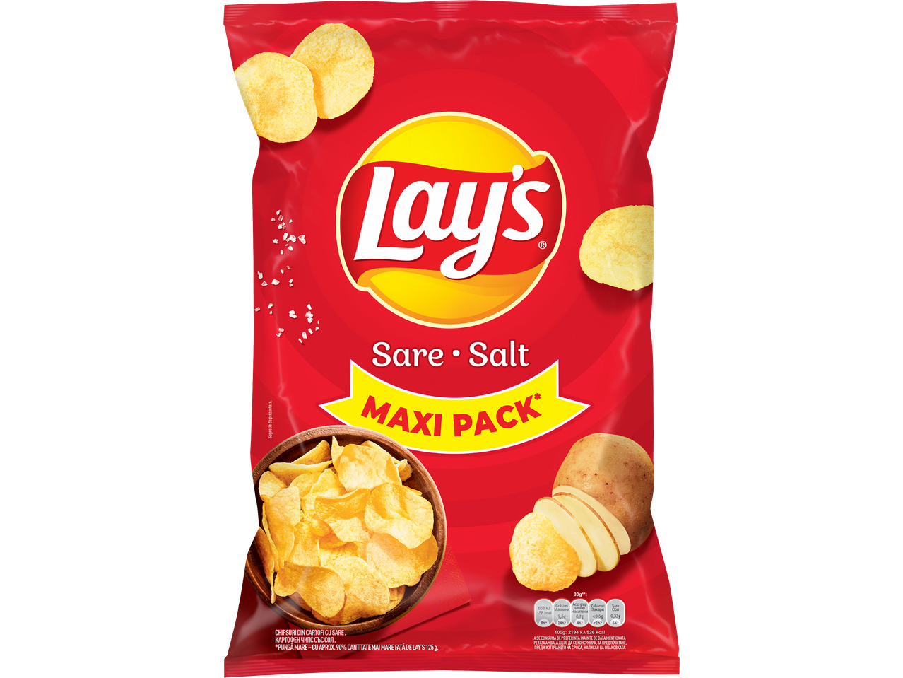 Чипс Lay's Солен Макси Пак с цели и нарязани картофи и купа с чипс.