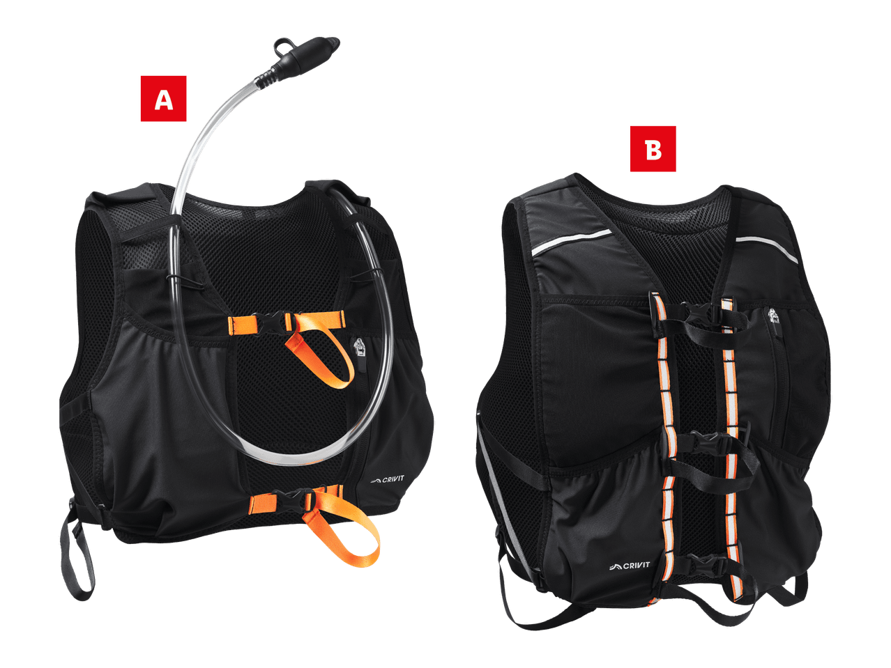 Kaksi mustaa juoksuliiviä, joista toisessa on juomarakko ja toisessa useita taskuja.