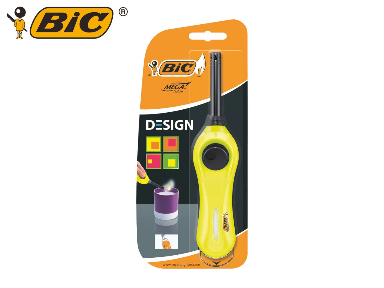 Yellow long-reach lighter in blister packaging, shown lighting a purple candle.