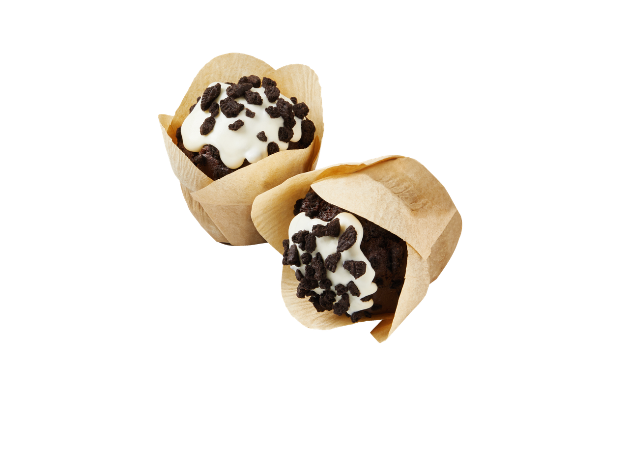 Két csokis muffin fehér mázzal és csokoládédarabkákkal.