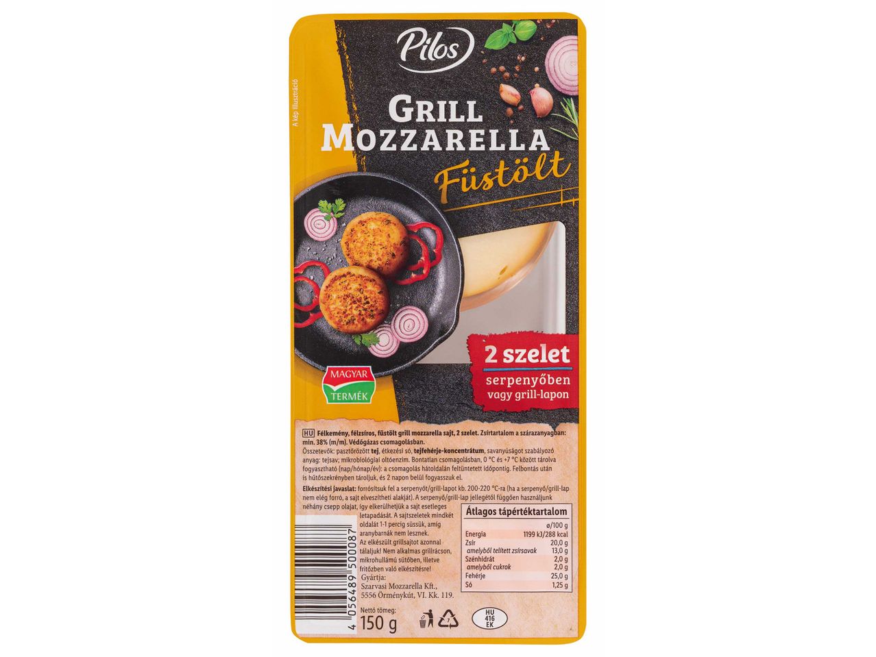 Pilos füstölt grill mozzarella sajt, 2 szelet, serpenyőben vagy grill-lapon elkészíthető.