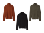 Drei Rollkragenpullover in Rostrot, Schwarz und Olivgrün