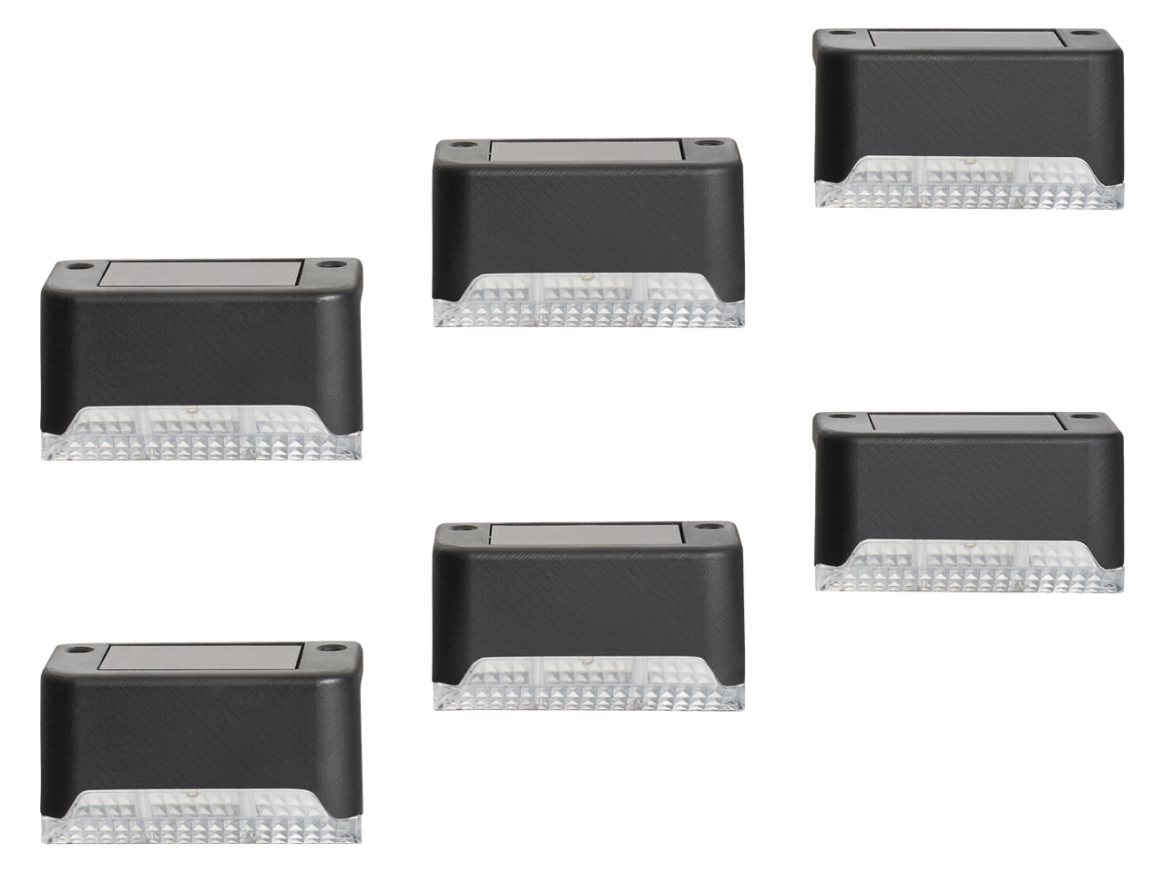 Seis luzes solares LED Livarno pretas com painéis solares e bases transparentes.