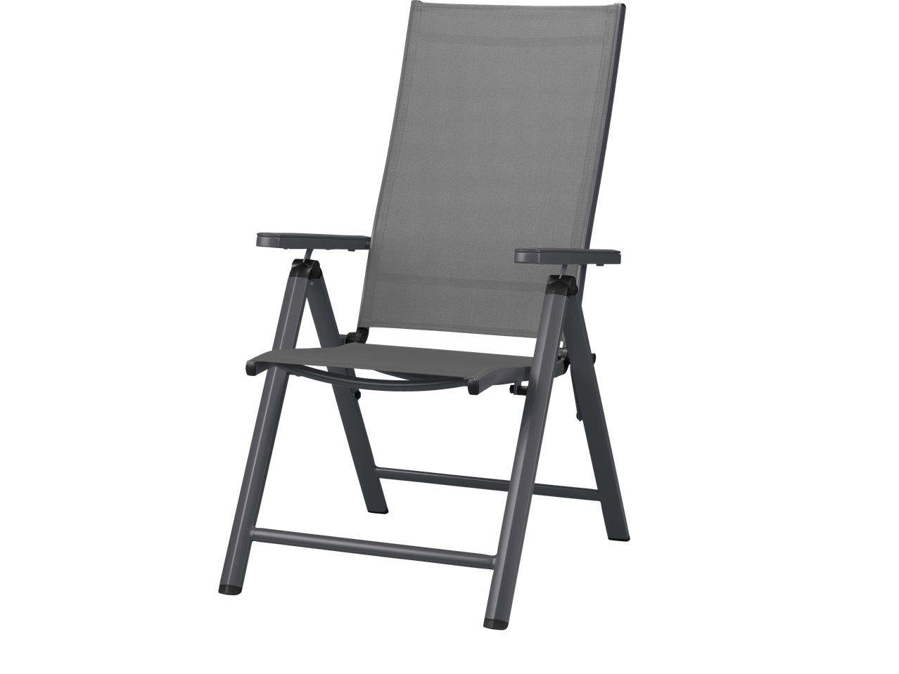 Livarno aliumininė sulankstoma kėdė pilkos spalvos, kampinis vaizdas.