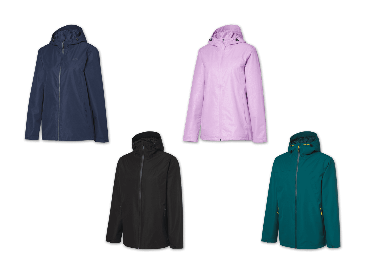 Fünf Regenjacken in verschiedenen Farben: Marineblau, Lila, Schwarz und Petrol.